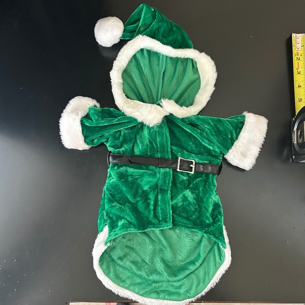 Green Santa Dog Costume With Black belt. NWOT. Size M